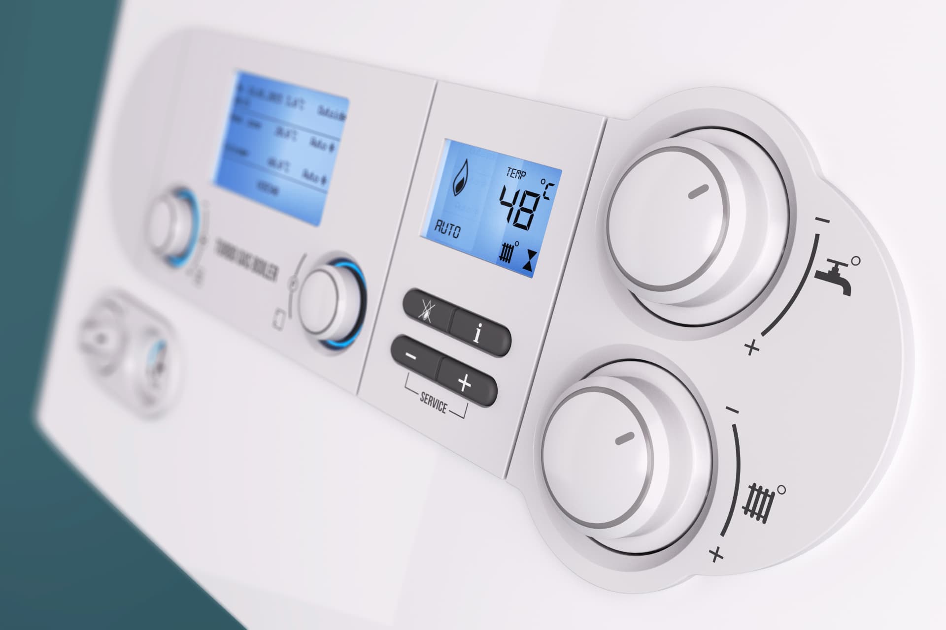 Combi boiler controls and digital display checked during an annual service in Liverpool